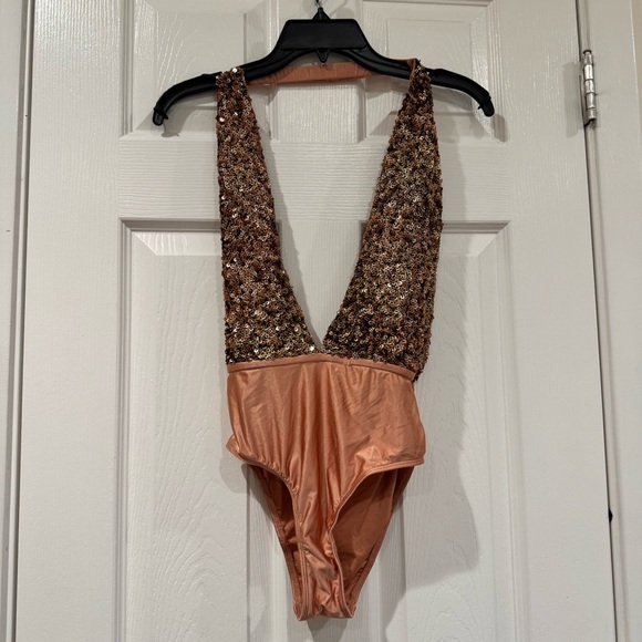 LN LuLu’s Out From Under Gold Sequin Deep Plunging Bodysuit S Small glitter - Picture 2 of 6
